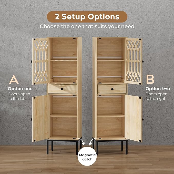 XIAO WEI 2-Piece Tall Cabinet Narrow Linen arched cabinet Storage Cabinet Natural Rattan Doors Fretwork Pattern Doors for Living Room Entryway Kitchen Home Office Bathroom - LeafyLoom