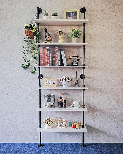 Pipe Shelves, Wall Mounted Wood Metal Industrial Shelves, Ladder Bookshelf for Living Room (White, 10" D x 30" W x 82.5" H) - LeafyLoom