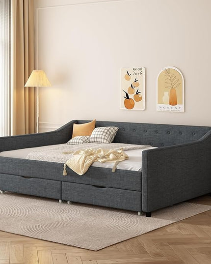Full Size Daybed with 2 Drawers, Upholstered Tufted Sofa Bed with Button on Back and Piping on Waved Shape Arms for Bedroom, Apartment, Living Room, Wooden Slats Support, Dark Grey - LeafyLoom