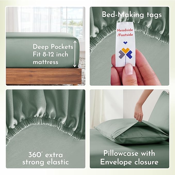 California Design Den Soft 100% Cotton Twin Extra Long Sheet Set, 3 Piece Twin XL Sheet Set with Sateen Weave, Cooling Sheets - Sage Green - LeafyLoom