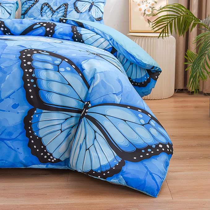Btargot 3 Piece Blue Butterfly Girls Kids Adults Queen Size Comforter Set, Lightweight Soft All Season Bedding Set with 2 Pillowcases - LeafyLoom