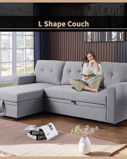 4-in-1 Modular Sofa Bed Convertible Living Room Furniture Sets Upholstered, L Shaped Sectional Comfy Couch with Reversible Storage Chaise for Apartment, Studio, Office, Light Gray-3 - LeafyLoom