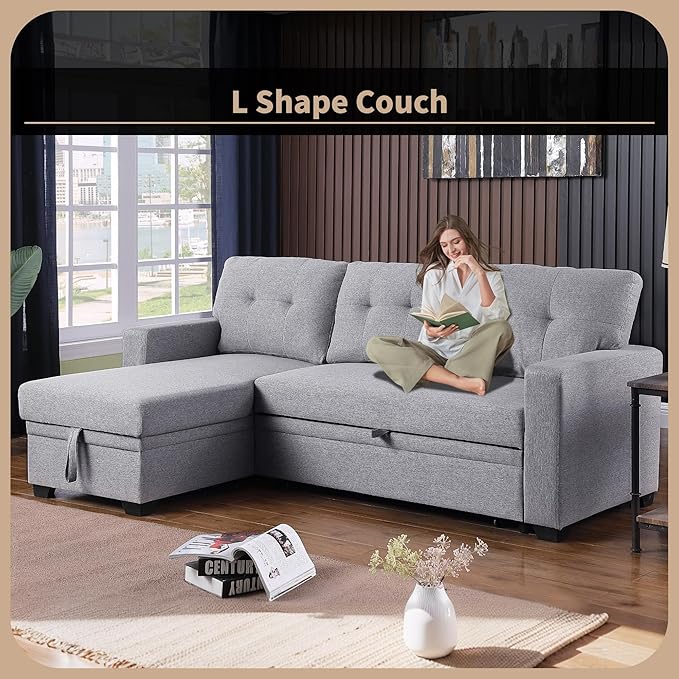 4-in-1 Modular Sofa Bed Convertible Living Room Furniture Sets Upholstered, L Shaped Sectional Comfy Couch with Reversible Storage Chaise for Apartment, Studio, Office, Light Gray-3 - LeafyLoom