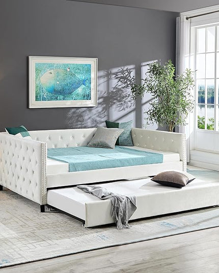 Velvet Upholstered Full Size Daybed with Twin Trundle, Solid Wooden Sofa Bed Frame w/Button Tufted Backrest, No Box Spring Needed, for Bedroom, Living, Guest Room - LeafyLoom