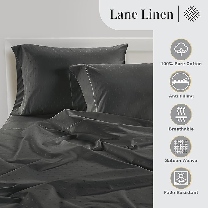 LANE LINEN 100% Egyptian Cotton Bed Sheets - 1000 Thread Count 4PC Queen Sheets Set, Long Staple Cotton Bedding Sheets, Sateen Weave, Luxury Hotel Sheets, Deep Pocket, Swiss Dot - Charcoal - LeafyLoom