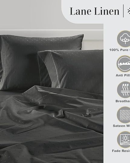 LANE LINEN 100% Egyptian Cotton Bed Sheets - 1000 Thread Count 3PC Twin XL Sheets Set, Bedding Sheets, Sateen Weave, Luxury Hotel Sheets, Fits Upto 16" Mattress, Swiss Dot - Charcoal - LeafyLoom