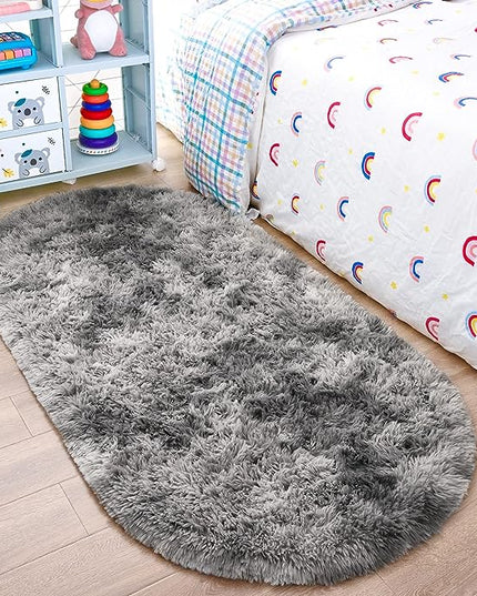 Noahas Oval Fluffy Grey Rainbow Rug 2.6X5.3 Small Kids Rugs for Bedroom Girls And Boys Aesthetic,Bedside Bedroom Rug,Ultra Soft Runner Carpet Modern Shaggy Nursery Area Rugs Home Deco - LeafyLoom