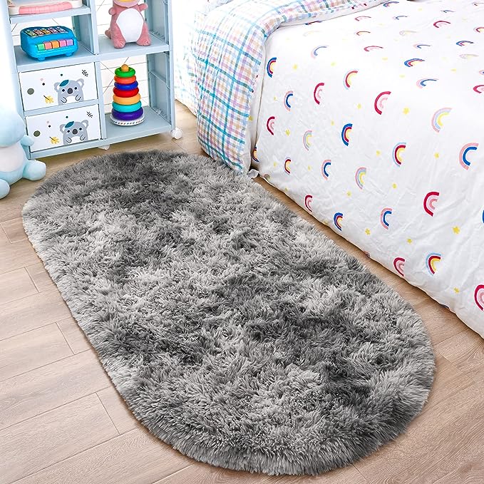 Noahas Oval Fluffy Grey Rainbow Rug 2.6X5.3 Small Kids Rugs for Bedroom Girls And Boys Aesthetic,Bedside Bedroom Rug,Ultra Soft Runner Carpet Modern Shaggy Nursery Area Rugs Home Deco - LeafyLoom