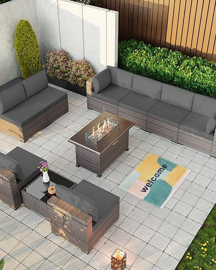 Kullavik 10 Pieces Outdoor Patio Furniture Set with 43" Gas Propane Fire Pit Table PE Wicker Rattan Sectional Sofa Patio Conversation Sets,Grey - LeafyLoom