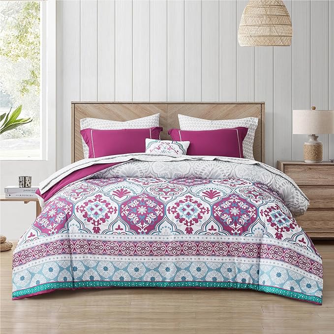 Degrees of Comfort Twin Complete Comforter Sets, Lattice Boho Bed in A Bag,Microfiber Bedding Set with Side Pockets, Matching Decorative Pillow, 6 Piece Purple - LeafyLoom