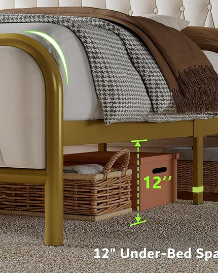 Feonase Full Bed Frame with Type-C & USB Port, Metal Platform Beds, with Velvet Upholstered Headboard & Footboard, 12" Underbed Storage Space, Easy Assembly, Noise-Free, Beige - LeafyLoom