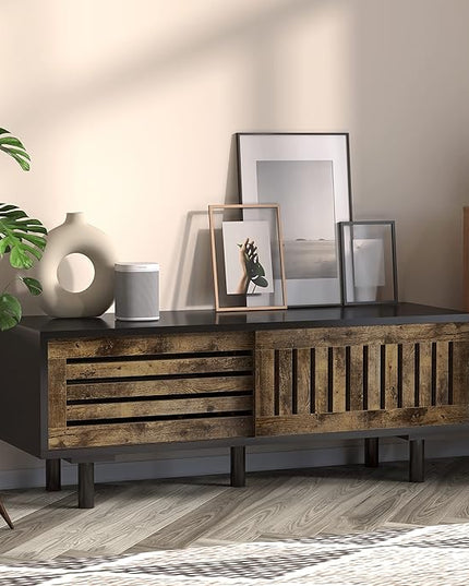 Mid-Century Modern TV Stand, Glossy Black TV Console with Sliding Doors, TV Console with Large Storage, Entertainment Center with Sturdy Solid Wood Legs, Living Room&Bedroom, Brown&Black - LeafyLoom
