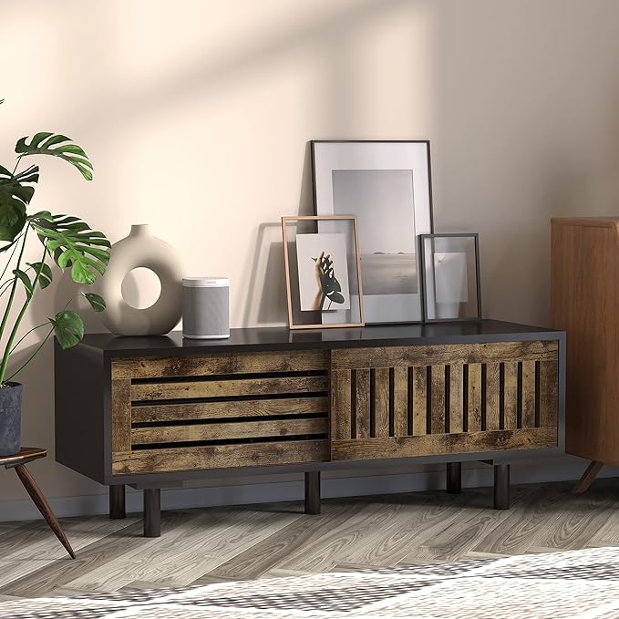 Mid-Century Modern TV Stand, Glossy Black TV Console with Sliding Doors, TV Console with Large Storage, Entertainment Center with Sturdy Solid Wood Legs, Living Room&Bedroom, Brown&Black - LeafyLoom