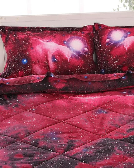 Wowelife Galaxy Bedding Sets for Boys and Girls 5-Piece Full, Premium Galaxy Bed in a Bag Red, 3D Galaxy Comforter Set, Comfortable and Soft Kids Bedding Set - LeafyLoom