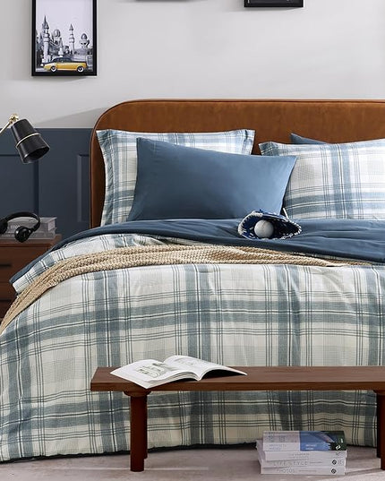 Blue King Size Comforter Set, Plaid King Bed Sets for Boys & Girls,Classic Homestead-Style King Sized Comforter Bedding Set with Sheets and Comforter Sets - LeafyLoom