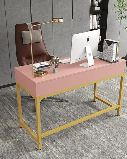 WESTREE Women Makeup Vanity Desk with 2 Drawers - Bedroom Home Office Desk, Wooden Height Monitor Stand & Storage Shelf without Mirror, Pink Table Great Gift for Her - LeafyLoom