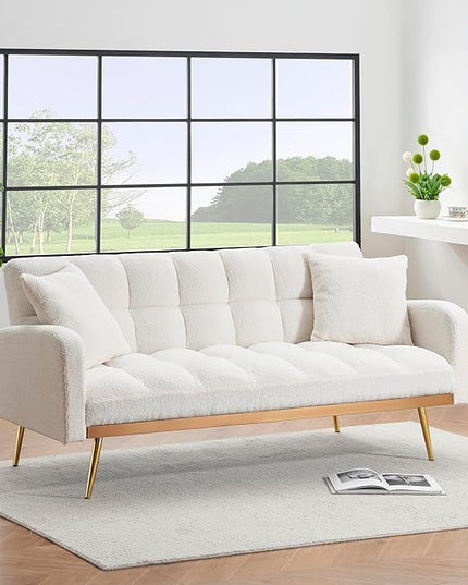 Fabric Teddy Fleece Folding Futon Sofa Bed w/Adjustable Backrests, 2 Seater Tufted Convertible Lounge Couch Recliner Loveseat with Metal Golden Legs for Living Room, Office,Bedroom, Beige 69" - LeafyLoom