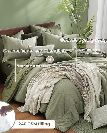 Monbix King Size Comforter Set, Sage Green King Size Bed Set Reversible, King Size Comforter Set 7 Pieces, Cationic Dyeing Bed in a Bag with Comforter, Sheets, Pillowcases & Shams - LeafyLoom