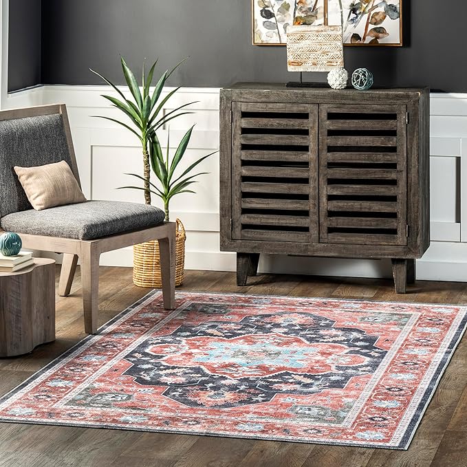 nuLOOM Jay Persian Medallion Machine Washable Ultra Thin Area Rug, 8' x 10', Red - LeafyLoom