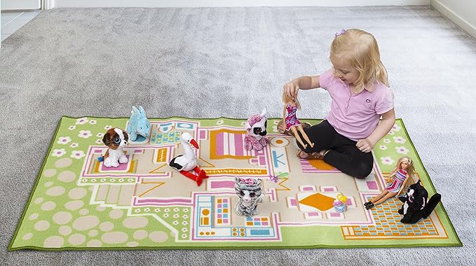 Kids Carpet Playmat Rug Play Time! Fun House Great for Playing with Dolls Mini People Figures Cars, Toys - Play Safe & Have Fun - Children Play Mat, Game Area Includes - LeafyLoom