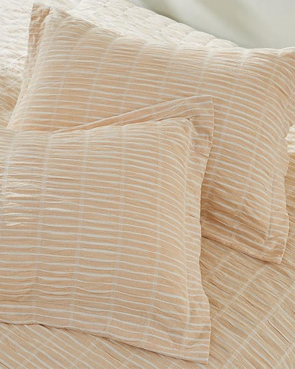 Full/Queen 100% Cotton Comforter Set | Taupe Puckered Striped Down Alternative Comforter | All Season, Linen-Like, Textured 3 Piece Bedding Comforter Set (Full/Queen, Taupe) - LeafyLoom