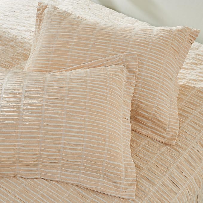 Full/Queen 100% Cotton Comforter Set | Taupe Puckered Striped Down Alternative Comforter | All Season, Linen-Like, Textured 3 Piece Bedding Comforter Set (Full/Queen, Taupe) - LeafyLoom