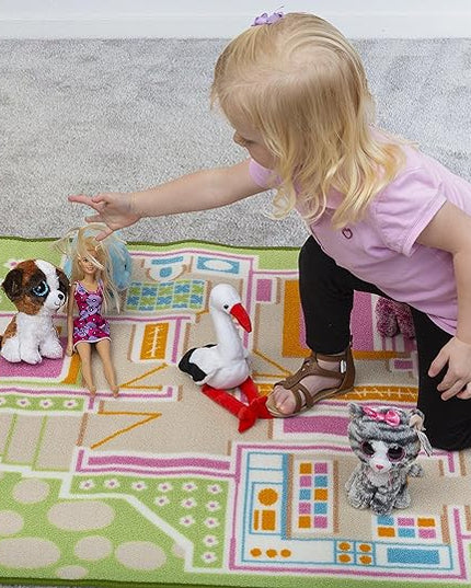 Kids Carpet Playmat Rug Play Time! Fun House Great for Playing with Dolls Mini People Figures Cars, Toys - Play Safe & Have Fun - Children Play Mat, Game Area Includes - LeafyLoom