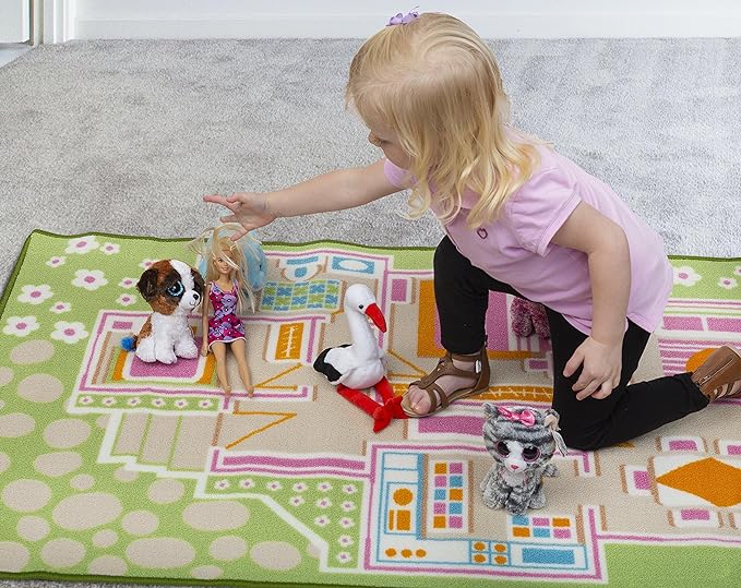 Kids Carpet Playmat Rug Play Time! Fun House Great for Playing with Dolls Mini People Figures Cars, Toys - Play Safe & Have Fun - Children Play Mat, Game Area Includes - LeafyLoom