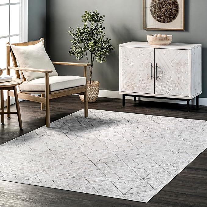 nuLOOM Regan Modern Geometric Machine Washable Ultra Thin Area Rug, 3' x 5', Light Grey - LeafyLoom