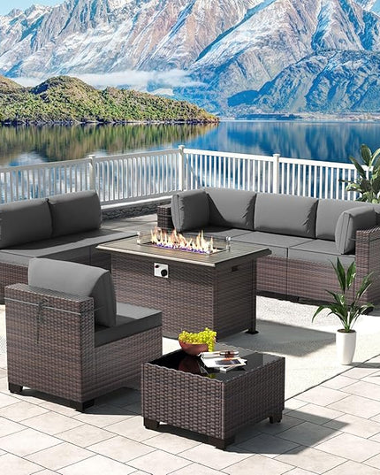 Kullavik 8 Pieces Outdoor Patio Furniture Set with 43" Gas Propane Fire Pit Table PE Wicker Rattan Sectional Sofa Patio Conversation Sets,Grey - LeafyLoom