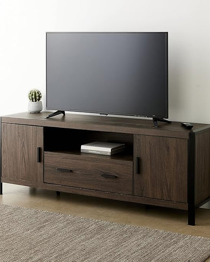 ROCKPOINT Industrial Modern Universal Stand with Doors and Open Shelves Entertainment Center, 60 Inch, Charcoal Grey - LeafyLoom