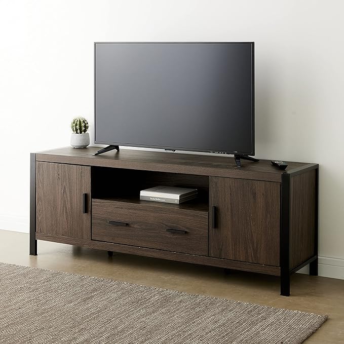 ROCKPOINT Industrial Modern Universal Stand with Doors and Open Shelves Entertainment Center, 60 Inch, Charcoal Grey - LeafyLoom
