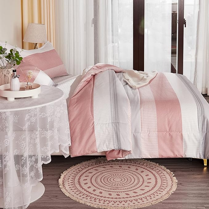 Litanika Pink California King Comforter Set - 3 Pieces Blush Cal King Oversized Lightweight Summer Colorblock Stripe Bedding Set (104x96In, 2 Pillowcases) - LeafyLoom