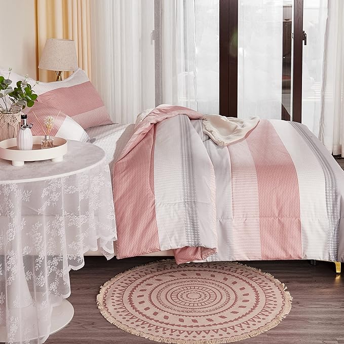 Litanika Pink Full Size Comforter Sets for Girls, 3 Pieces Blush White Colorblock Women Lightweight Bedding Comforter Set - LeafyLoom