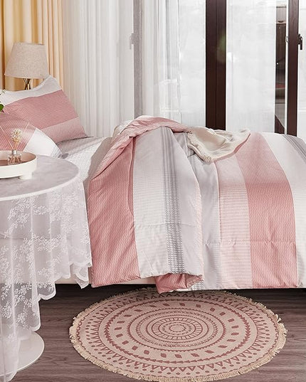 Litanika Pink Comforter Set Queen, 3 Pieces Blush White Colorblock Lightweight Bedding Comforter Set - LeafyLoom