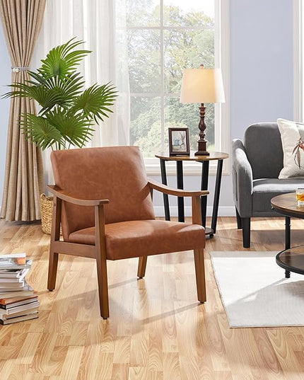 Yaheetech PU Leather Accent Chair, Mid-Century Modern Armchair with Solid Wood Legs, Reading Leisure Chair with High Back for Living Room Bedroom Waiting Room, Light Brown - LeafyLoom