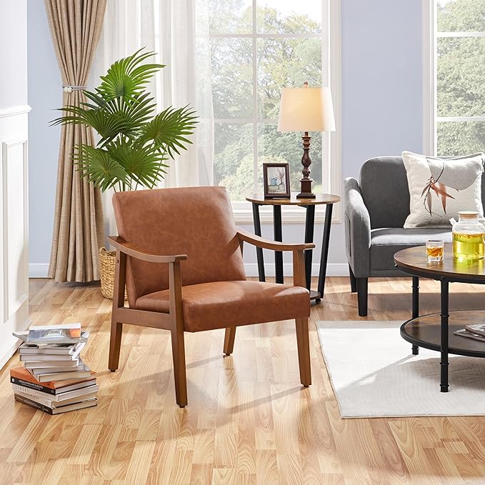 Yaheetech PU Leather Accent Chair, Mid-Century Modern Armchair with Solid Wood Legs, Reading Leisure Chair with High Back for Living Room Bedroom Waiting Room, Light Brown - LeafyLoom