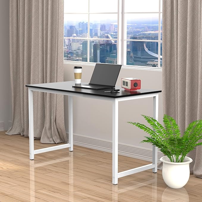 Halter Computer Desk for Home Office 47” Work Table Easy Assembly Black Desk White Frame - LeafyLoom