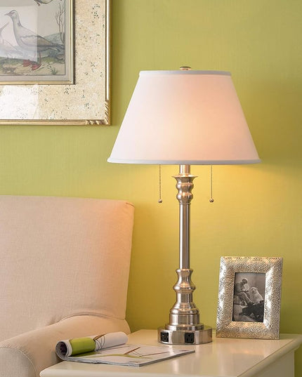 Kenroy Home 30437BS-OOR Spyglass Double Outlet Table Lamp with Brushed Steel Finish, Classic Style, 30.5" Height, 17" Width, 17" Depth - LeafyLoom