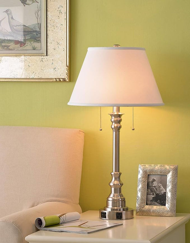 Kenroy Home 30437BS-OOR Spyglass Double Outlet Table Lamp with Brushed Steel Finish, Classic Style, 30.5" Height, 17" Width, 17" Depth - LeafyLoom