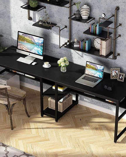 Tribesigns Two Person Desk with Bookshelf, 78.7 Computer Office Double Desk for Two Person, Rustic Writing Desk Workstation with Shelf for Home Office (Black) - LeafyLoom