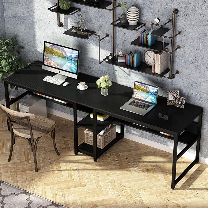 Tribesigns Two Person Desk with Bookshelf, 78.7 Computer Office Double Desk for Two Person, Rustic Writing Desk Workstation with Shelf for Home Office (Black) - LeafyLoom