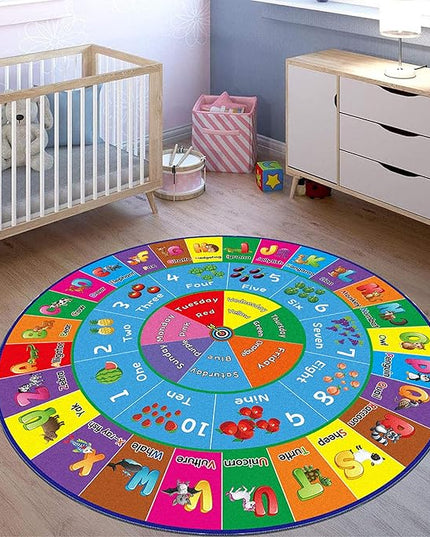 ABC Rug, ABC Play Mat for Kids Playroom, Round Alphabet Floor Mat,Classroom Elementary Preschool Rugs wtih ABC, Numbers, Animals - 78.7inch - LeafyLoom