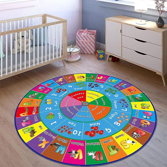 ABC Rug, ABC Play Mat for Kids Playroom, Round Alphabet Floor Mat,Classroom Elementary Preschool Rugs wtih ABC, Numbers, Animals - 63inch - LeafyLoom