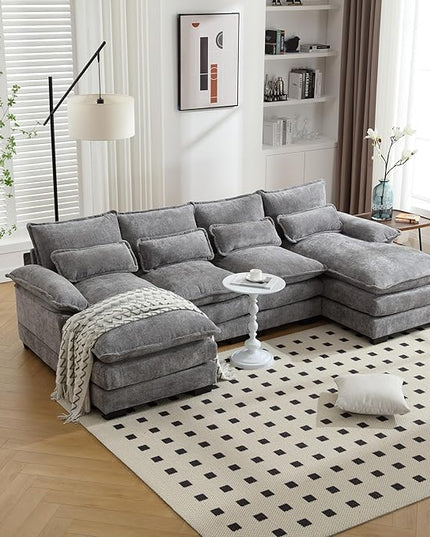 6 Seater Overstuffed Modular Sectional Sofa Cloud Couch with Double Chaise Lounge, U Shaped Chenille Upholstered Leisure Sofa&Couches with Memory Foam and Waist Pillows for Living Room Office - LeafyLoom
