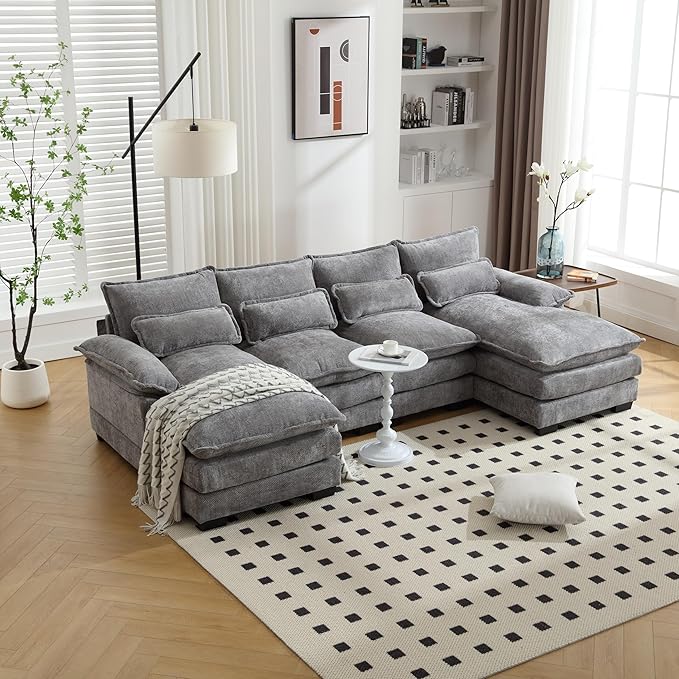 6 Seater Overstuffed Modular Sectional Sofa Cloud Couch with Double Chaise Lounge, U Shaped Chenille Upholstered Leisure Sofa&Couches with Memory Foam and Waist Pillows for Living Room Office - LeafyLoom