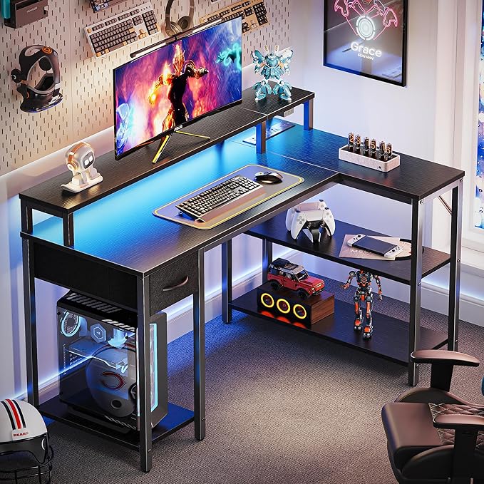SUPERJARE 47 inch Reversible L Shaped Desk with LED Lights & Power Outlets, Computer Desk with Shelves & Monitor Stand, Gaming Desk with Drawer, Home Office Desk Corner Desk, Black - LeafyLoom