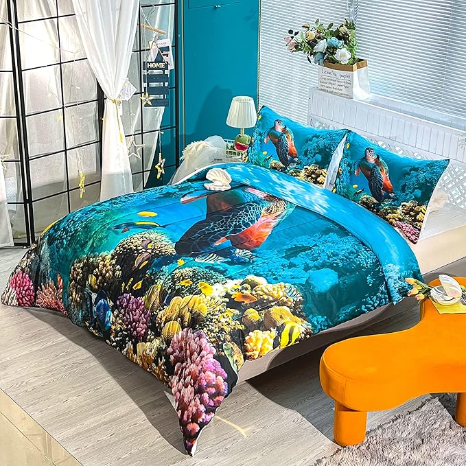 CVHOUSE Sea Turtle Bedding Set,Sea Turtle Comforter King,Ocean Beach Comforter Set for Boys Kids Girls,Ocean Quilt Set with 1 Comforter and 2 Pillow Cases - LeafyLoom