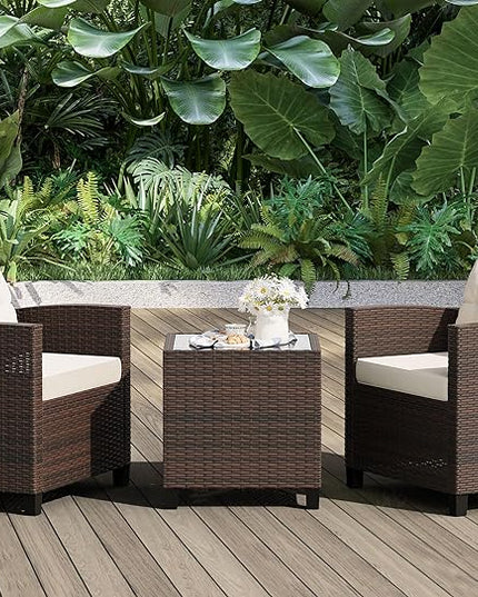 Shintenchi 3 Pieces Patio Furniture Set 3 Pieces PE Rattan Wicker Chairs with Table Outdoor Furniture for Backyard/Garden/Poolside/Outdoor Restaurant Brown Rattan with White Cushion - LeafyLoom