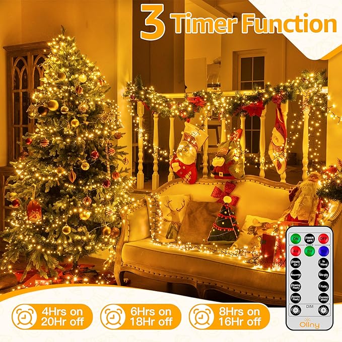 Ollny Cluster Lights Christmas 400LED 20FT, Warm White Christmas Tree Lights 8 Modes Timer Remote, Waterproof Connectable String Lights for Outdoor Indoor Outside Garland Xmas Decorations Ollny